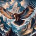 The Turul, a mythical bird from Hungarian folklore, is depicted in a dramatic mountain landscape. With large wings and a powerful stature, it soars above snow-capped peaks and lush valleys. The rugged mountains emphasize the Turul's grandeur and its association with strength and leadership, portraying it as a majestic guardian of the natural world.
