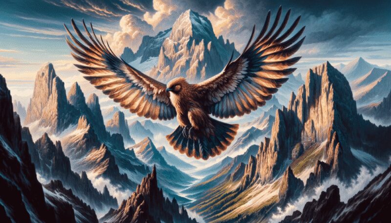 The Turul, a mythical bird from Hungarian folklore, is depicted in a dramatic mountain landscape. With large wings and a powerful stature, it soars above snow-capped peaks and lush valleys. The rugged mountains emphasize the Turul's grandeur and its association with strength and leadership, portraying it as a majestic guardian of the natural world.