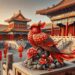 Depicted in an ancient Chinese palace courtyard, the bird's red and orange plumage symbolizes prosperity. Perched atop a stone pillar, with red lanterns, peonies, and traditional motifs around, the image associates the Vermilion Bird with imperial power and cultural richness.