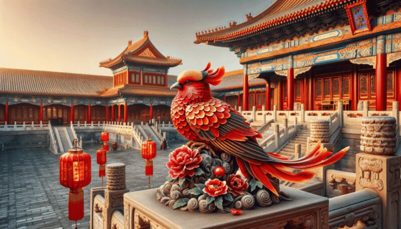 Depicted in an ancient Chinese palace courtyard, the bird's red and orange plumage symbolizes prosperity. Perched atop a stone pillar, with red lanterns, peonies, and traditional motifs around, the image associates the Vermilion Bird with imperial power and cultural richness.