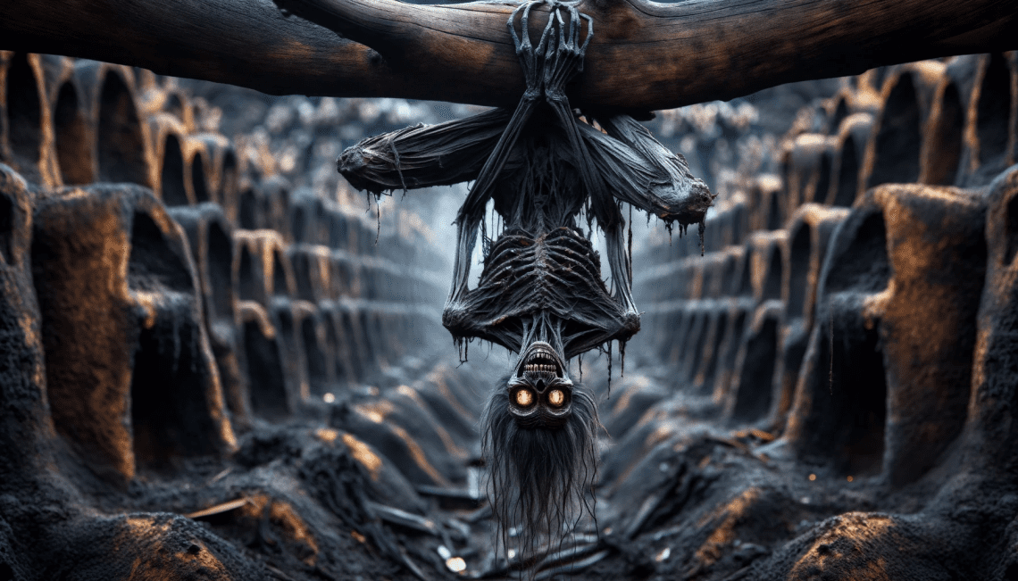 Here, we see a Vetala hanging upside-down from a tree in a cremation ground. This scene vividly brings to life the description of the Vetala's dark, desiccated body, its glowing, supernatural eyes, and the chilling aura it emanates. This image portrays the Vetala in a moment of cunning anticipation, waiting for unsuspecting travelers.