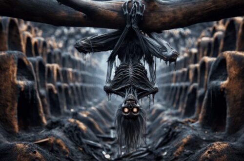 Here, we see a Vetala hanging upside-down from a tree in a cremation ground. This scene vividly brings to life the description of the Vetala's dark, desiccated body, its glowing, supernatural eyes, and the chilling aura it emanates. This image portrays the Vetala in a moment of cunning anticipation, waiting for unsuspecting travelers.