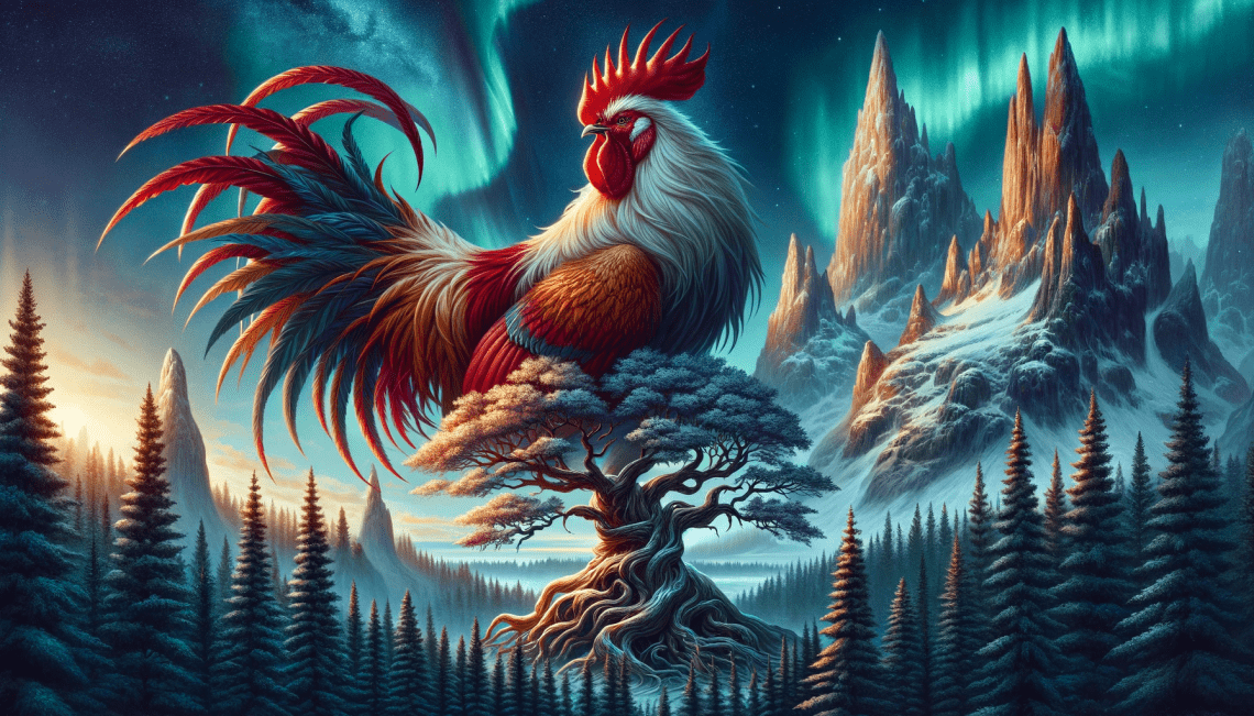 The mythical rooster from Norse mythology, Víðópnir, is depicted atop Yggdrasil, the world tree, in a mystical Nordic landscape. Its magnificent red and gold plumage symbolizes its fiery spirit, contrasting with the snow-capped mountains, deep forests, and the aurora borealis in the sky, creating a magical and ethereal setting.