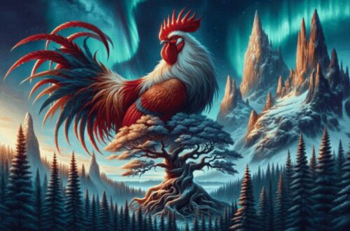 The mythical rooster from Norse mythology, Víðópnir, is depicted atop Yggdrasil, the world tree, in a mystical Nordic landscape. Its magnificent red and gold plumage symbolizes its fiery spirit, contrasting with the snow-capped mountains, deep forests, and the aurora borealis in the sky, creating a magical and ethereal setting.