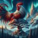 The mythical rooster from Norse mythology, Víðópnir, is depicted atop Yggdrasil, the world tree, in a mystical Nordic landscape. Its magnificent red and gold plumage symbolizes its fiery spirit, contrasting with the snow-capped mountains, deep forests, and the aurora borealis in the sky, creating a magical and ethereal setting.