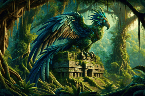 The mythical bird from Mayan mythology is depicted in a dense jungle, perched on an ancient Mayan temple. Its plumage, a mix of vibrant blues and greens, symbolizes its connection to the sky and earth. The lush jungle and moss-covered temple create a mystical atmosphere, highlighting Vucub Caquix's powerful and mystical presence.