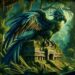 The mythical bird from Mayan mythology is depicted in a dense jungle, perched on an ancient Mayan temple. Its plumage, a mix of vibrant blues and greens, symbolizes its connection to the sky and earth. The lush jungle and moss-covered temple create a mystical atmosphere, highlighting Vucub Caquix's powerful and mystical presence.