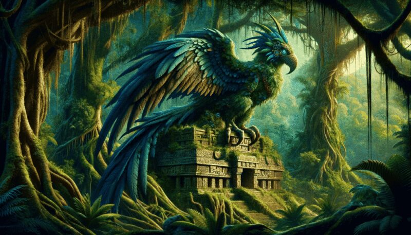 The mythical bird from Mayan mythology is depicted in a dense jungle, perched on an ancient Mayan temple. Its plumage, a mix of vibrant blues and greens, symbolizes its connection to the sky and earth. The lush jungle and moss-covered temple create a mystical atmosphere, highlighting Vucub Caquix's powerful and mystical presence.