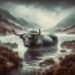 The Water bull is shown emerging from the waters of a loch in the Scottish Highlands. The misty and rugged landscape highlights its mysterious and powerful presence.