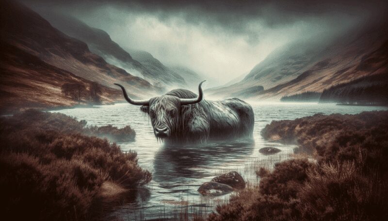 The Water bull is shown emerging from the waters of a loch in the Scottish Highlands. The misty and rugged landscape highlights its mysterious and powerful presence.