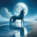 Illustrated in a moonlit coastal setting, the Water Horse stands on a beach with the moon reflecting in the sea. The tranquil night scene includes a sandy shore and a clear starry sky, capturing the Water Horse's mystical nature.