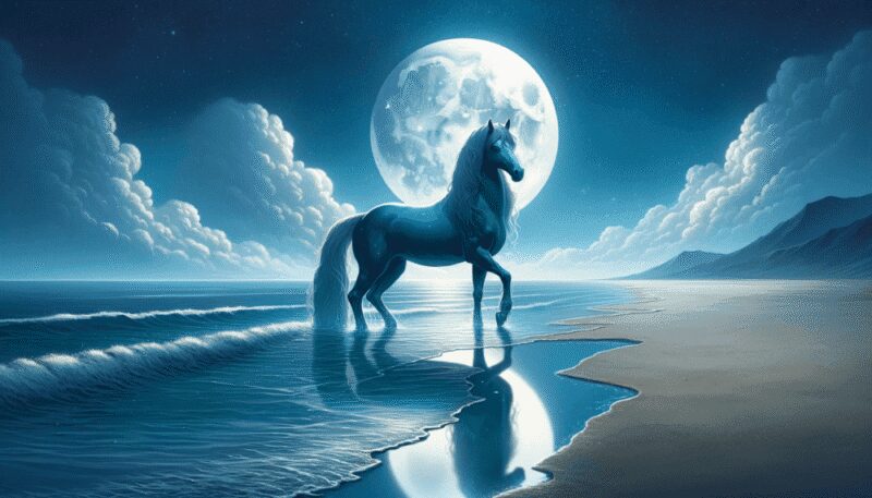 Illustrated in a moonlit coastal setting, the Water Horse stands on a beach with the moon reflecting in the sea. The tranquil night scene includes a sandy shore and a clear starry sky, capturing the Water Horse's mystical nature.
