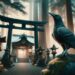 The Yatagarasu, a three-legged crow from Japanese mythology, is depicted in a sacred Shinto shrine. With mystical black plumage, it perches on a torii gate, symbolizing guidance and divine intervention. The serene shrine, surrounded by cedar trees and stone lanterns, creates a tranquil atmosphere, highlighting Yatagarasu's role as a messenger of the gods.