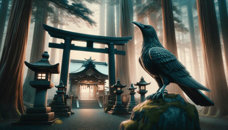 The Yatagarasu, a three-legged crow from Japanese mythology, is depicted in a sacred Shinto shrine. With mystical black plumage, it perches on a torii gate, symbolizing guidance and divine intervention. The serene shrine, surrounded by cedar trees and stone lanterns, creates a tranquil atmosphere, highlighting Yatagarasu's role as a messenger of the gods.