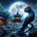 Shown in a moonlit garden, the Zhenniao's striking and vivid feathers stand out in the soft moonlight. The garden, with night-blooming flowers and traditional Chinese architecture, creates a serene yet haunting atmosphere. The bird's alluring and menacing presence is highlighted by the moon's light, adding a mystical quality and capturing its allure and danger.