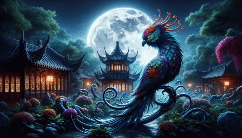 Shown in a moonlit garden, the Zhenniao's striking and vivid feathers stand out in the soft moonlight. The garden, with night-blooming flowers and traditional Chinese architecture, creates a serene yet haunting atmosphere. The bird's alluring and menacing presence is highlighted by the moon's light, adding a mystical quality and capturing its allure and danger.