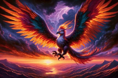 This image features a grand Ziz soaring through a vibrant sunset sky. Its massive wings create a striking silhouette against the orange and purple hues of the sky. The creature's feathers shimmer with a spectrum of colors, and its eyes sparkle with intelligence. Below, the landscape is a mix of rolling hills and small villages, offering a stark contrast to the grandeur of the Ziz.