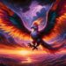This image features a grand Ziz soaring through a vibrant sunset sky. Its massive wings create a striking silhouette against the orange and purple hues of the sky. The creature's feathers shimmer with a spectrum of colors, and its eyes sparkle with intelligence. Below, the landscape is a mix of rolling hills and small villages, offering a stark contrast to the grandeur of the Ziz.
