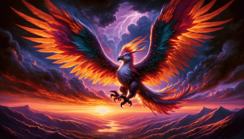 This image features a grand Ziz soaring through a vibrant sunset sky. Its massive wings create a striking silhouette against the orange and purple hues of the sky. The creature's feathers shimmer with a spectrum of colors, and its eyes sparkle with intelligence. Below, the landscape is a mix of rolling hills and small villages, offering a stark contrast to the grandeur of the Ziz.
