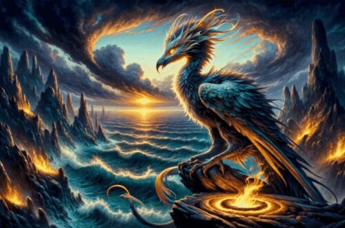 In the second image, Zu is perched on a craggy cliff overlooking a turbulent ocean. The setting sun casts a golden glow on Zu's iridescent feathers, creating a striking contrast with the dark, churning waters below. Zu's eyes are keen and alert, scanning the horizon.