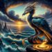 In the second image, Zu is perched on a craggy cliff overlooking a turbulent ocean. The setting sun casts a golden glow on Zu's iridescent feathers, creating a striking contrast with the dark, churning waters below. Zu's eyes are keen and alert, scanning the horizon.