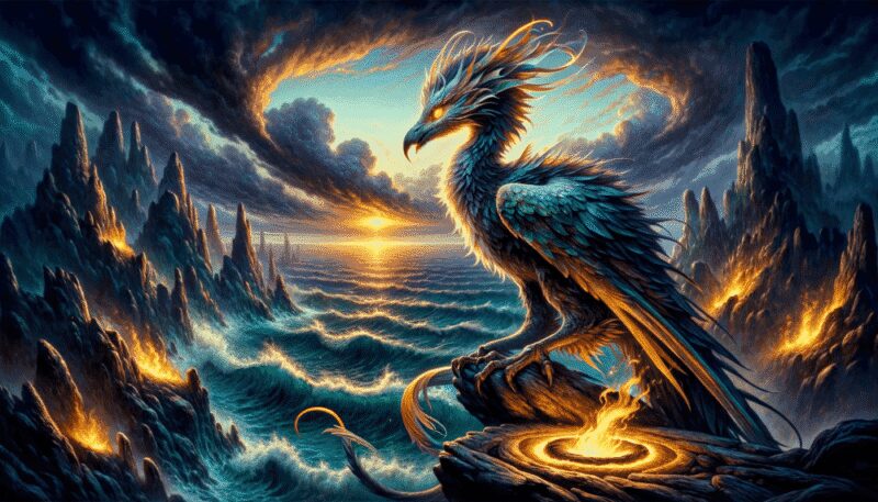 In the second image, Zu is perched on a craggy cliff overlooking a turbulent ocean. The setting sun casts a golden glow on Zu's iridescent feathers, creating a striking contrast with the dark, churning waters below. Zu's eyes are keen and alert, scanning the horizon.