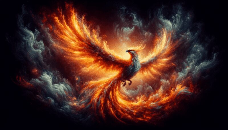 An artistic interpretation of a phoenix rising from ashes, with intense flames and smoke.