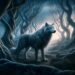 Fenrir in a mystical and enigmatic setting. In an ancient forest at twilight, Fenrir's silvery fur shimmers with an almost ethereal quality. The scene is imbued with an air of mystery, surrounded by ancient, twisted trees whose branches form eerie silhouettes against the dimming sky. A mist blankets the forest floor, adding to the scene's mystical atmosphere. This image captures Fenrir's connection to the ancient and the mystical, showcasing a different, more enigmatic side of this legendary creature.