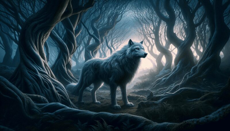 Fenrir in a mystical and enigmatic setting. In an ancient forest at twilight, Fenrir's silvery fur shimmers with an almost ethereal quality. The scene is imbued with an air of mystery, surrounded by ancient, twisted trees whose branches form eerie silhouettes against the dimming sky. A mist blankets the forest floor, adding to the scene's mystical atmosphere. This image captures Fenrir's connection to the ancient and the mystical, showcasing a different, more enigmatic side of this legendary creature.