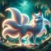 Fox spirit from Chinese, Japanese, and Korean folklore, known as Huli Jing, Kitsune, or Kumiho, in a magical forest setting. The fox is depicted as an elegant creature with multiple tails, glowing subtly with an ethereal light. The surrounding forest is enchanting, filled with blooming flowers and ancient trees, all bathed in a soft, magical illumination. The intelligent and mysterious eyes of the fox spirit captivate, embodying its fairy-like, otherworldly nature.