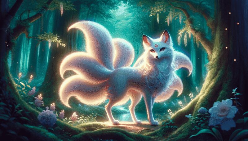 Fox spirit from Chinese, Japanese, and Korean folklore, known as Huli Jing, Kitsune, or Kumiho, in a magical forest setting. The fox is depicted as an elegant creature with multiple tails, glowing subtly with an ethereal light. The surrounding forest is enchanting, filled with blooming flowers and ancient trees, all bathed in a soft, magical illumination. The intelligent and mysterious eyes of the fox spirit captivate, embodying its fairy-like, otherworldly nature.