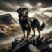 Here, Gelert is portrayed as a strong and brave dog, his glossy coat gleaming and eyes alert, standing proudly atop a rocky outcrop. The backdrop is a testament to the rugged beauty of the Welsh mountains, with mist enshrouding the peaks and valleys. This image captures the spirit of adventure and majesty, reflecting Gelert's role as a protector and a valiant companion against the wild, imposing terrain.