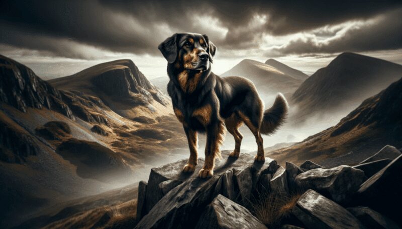 Here, Gelert is portrayed as a strong and brave dog, his glossy coat gleaming and eyes alert, standing proudly atop a rocky outcrop. The backdrop is a testament to the rugged beauty of the Welsh mountains, with mist enshrouding the peaks and valleys. This image captures the spirit of adventure and majesty, reflecting Gelert's role as a protector and a valiant companion against the wild, imposing terrain.