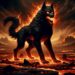 Hellhound, a fearsome supernatural canine, set against a desolate, volcanic landscape. This Hellhound is depicted as a large, intimidating beast with smoldering black fur and eyes that glow an ominous red. Flames and smoke rise from its body, enhancing its menacing presence. The setting is a bleak and fiery world of lava flows and scorched earth, perfectly embodying the Hellhound's association with death and destruction.