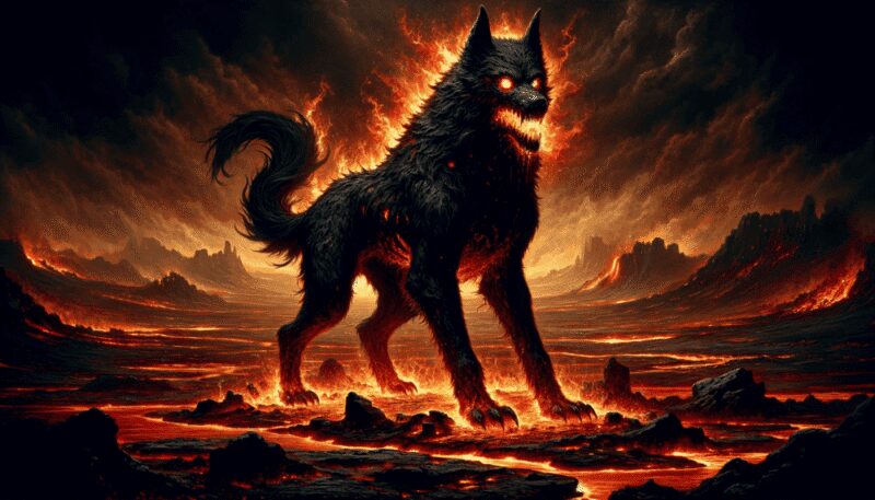 Hellhound, a fearsome supernatural canine, set against a desolate, volcanic landscape. This Hellhound is depicted as a large, intimidating beast with smoldering black fur and eyes that glow an ominous red. Flames and smoke rise from its body, enhancing its menacing presence. The setting is a bleak and fiery world of lava flows and scorched earth, perfectly embodying the Hellhound's association with death and destruction.