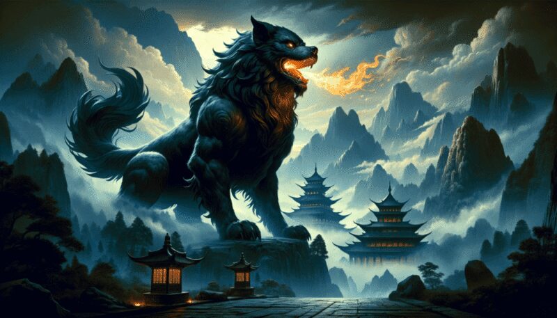 Huodou, the legendary large black dog from Chinese folklore, set against a mystical mountain landscape. Huodou is depicted with a robust, muscular build and glossy black fur. The sight of flames emanating from its open mouth accentuates its mythical ability to breathe fire. The backdrop is a captivating ancient Chinese mountain scene, complete with misty peaks and traditional pagodas, creating an atmosphere rich in mystery and steeped in ancient folklore.