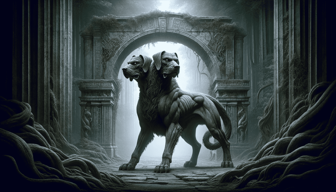 Orthrus is shown guarding the entrance to a mythical Greek labyrinth. The dog's vigilant stance, with each head facing a different direction, emphasizes its role as a formidable guardian. The mix of dark and light shades in its fur highlights its muscular build. The labyrinth's entrance is a grand, stone archway, overgrown with vines and adorned with ancient carvings, set against a dense, foreboding forest, adding to the scene's mystical ambiance.