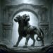 Orthrus is shown guarding the entrance to a mythical Greek labyrinth. The dog's vigilant stance, with each head facing a different direction, emphasizes its role as a formidable guardian. The mix of dark and light shades in its fur highlights its muscular build. The labyrinth's entrance is a grand, stone archway, overgrown with vines and adorned with ancient carvings, set against a dense, foreboding forest, adding to the scene's mystical ambiance.