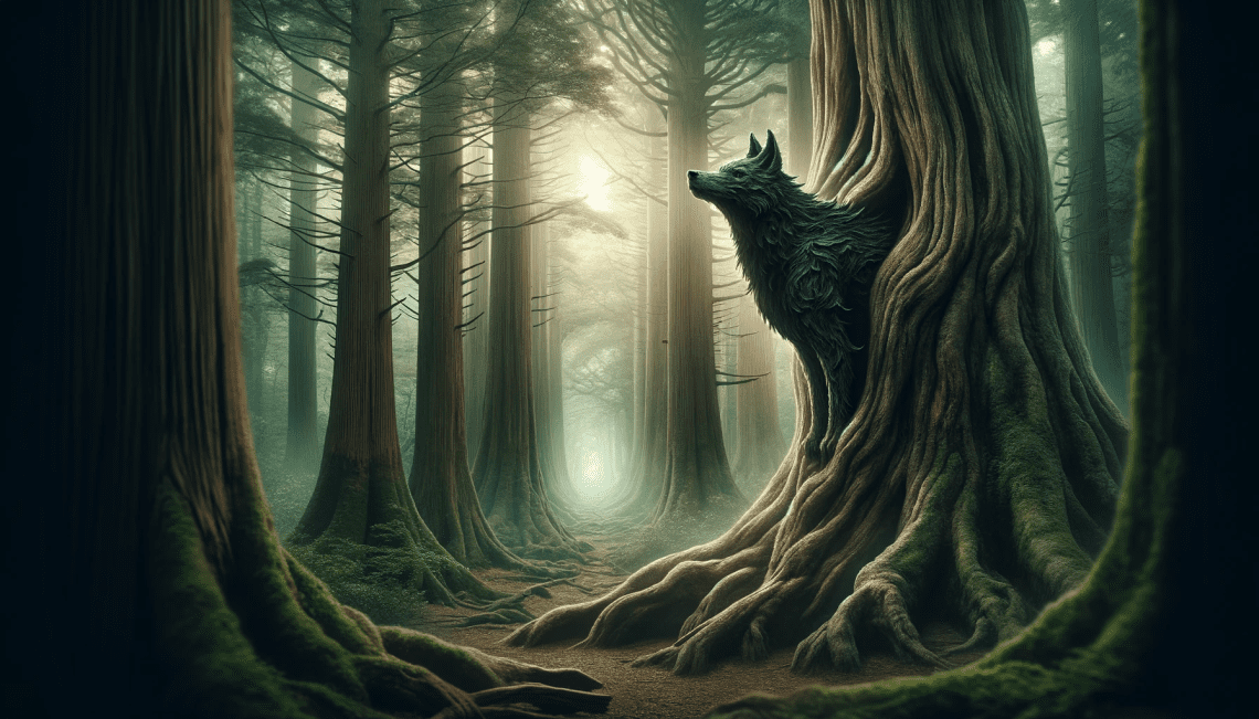 Penghou, the tree spirit from Chinese folklore, in an ancient, mystical forest. This creature, resembling a black dog, emerges from the trunk of a large, gnarled tree. Its fur, textured like bark, blends seamlessly with the tree, symbolizing its deep connection with the forest. The dense forest, illuminated by a soft, mystical light, highlights the Penghou's bond with the natural and spiritual realms.