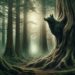 Penghou, the tree spirit from Chinese folklore, in an ancient, mystical forest. This creature, resembling a black dog, emerges from the trunk of a large, gnarled tree. Its fur, textured like bark, blends seamlessly with the tree, symbolizing its deep connection with the forest. The dense forest, illuminated by a soft, mystical light, highlights the Penghou's bond with the natural and spiritual realms.