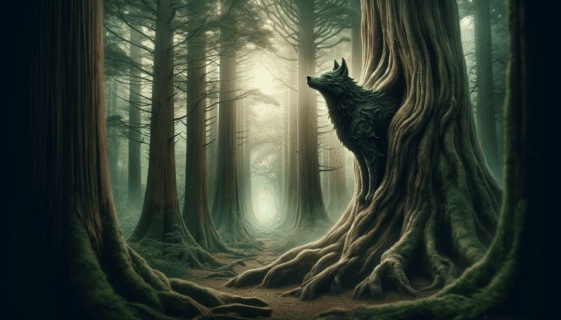 Penghou, the tree spirit from Chinese folklore, in an ancient, mystical forest. This creature, resembling a black dog, emerges from the trunk of a large, gnarled tree. Its fur, textured like bark, blends seamlessly with the tree, symbolizing its deep connection with the forest. The dense forest, illuminated by a soft, mystical light, highlights the Penghou's bond with the natural and spiritual realms.