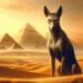 Salawa, the 'Typhonian Animal' from Egyptian mythology, set against the backdrop of a vast desert landscape near the pyramids. This slender, vaguely canine creature is depicted with a sleek, smooth coat and an air of mystery. Its sharp, piercing eyes reflect its connection to Set, the Egyptian god. The iconic pyramids in the distance amidst the expansive desert create a setting that is both ancient and mystical.