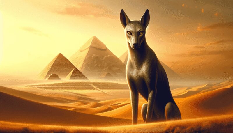Salawa, the 'Typhonian Animal' from Egyptian mythology, set against the backdrop of a vast desert landscape near the pyramids. This slender, vaguely canine creature is depicted with a sleek, smooth coat and an air of mystery. Its sharp, piercing eyes reflect its connection to Set, the Egyptian god. The iconic pyramids in the distance amidst the expansive desert create a setting that is both ancient and mystical.