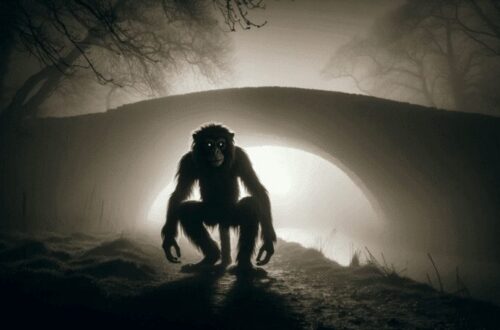 Shug Monkey is depicted on a foggy night near an old stone bridge in Cambridgeshire. With a dog-like body and monkey-like face, the creature emerges from the mist, creating an eerie silhouette. The old stone bridge, shrouded in fog, adds to the mysterious and ancient ambiance. Dim light from a nearby lantern casts ominous shadows, enhancing the mysterious aura surrounding the Shug Monkey.