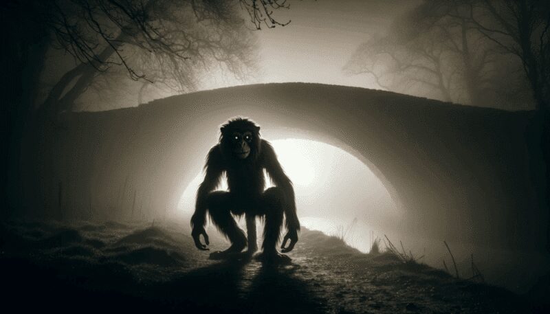 Shug Monkey is depicted on a foggy night near an old stone bridge in Cambridgeshire. With a dog-like body and monkey-like face, the creature emerges from the mist, creating an eerie silhouette. The old stone bridge, shrouded in fog, adds to the mysterious and ancient ambiance. Dim light from a nearby lantern casts ominous shadows, enhancing the mysterious aura surrounding the Shug Monkey.