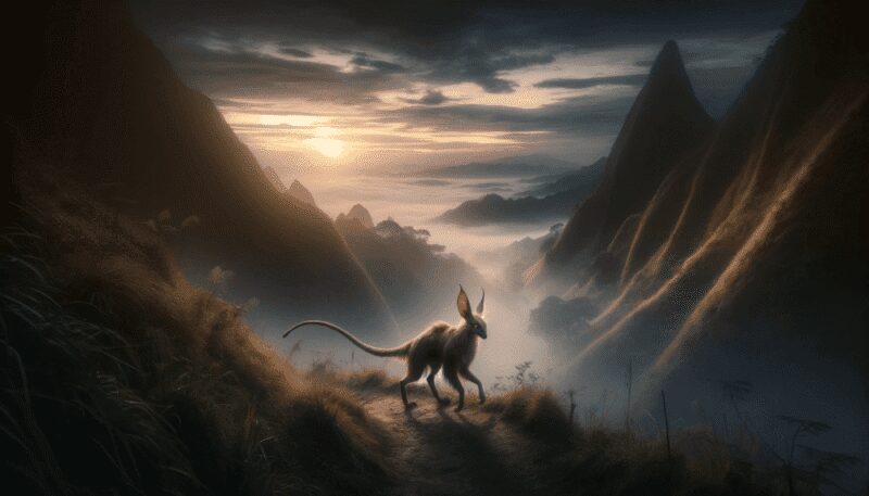 Sigbin on a misty mountain path at dawn. The creature, agile and almost feline in grace, has distinctive long ears and a snout that are visible in the dim morning light. The path meanders through the mountainous terrain, shrouded in early morning mist. The emerging daylight reveals a lush, verdant landscape typical of the Philippines, creating a scene that beautifully blends the mythical Sigbin with the natural beauty of its legendary homeland.