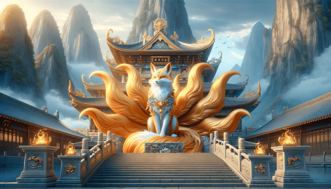 Sky Fox is shown in a majestic mountain temple. With its radiant golden fur and flowing tails, the Fox Spirit sits regally on the temple steps. The temple, adorned with intricate carvings and traditional Chinese architecture, is set against towering mountains. This serene and awe-inspiring scene portrays the temple as a bridge between the earthly realm and the divine, reflecting the Sky Fox's sacred and venerable status.