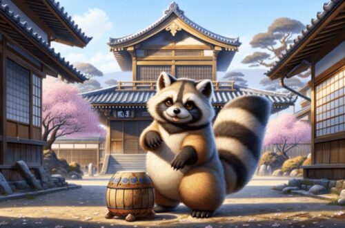 Tanuki, the Japanese raccoon dog, in a traditional Japanese village setting. This creature is shown as playful and mischievous, with fluffy fur and a characteristic belly drum. Engaging in a trick, the Tanuki is partially transformed into an object amidst the village, surrounded by classic wooden buildings and a sakura tree. This environment captures the essence of Japanese folklore, blending the Tanuki's shapeshifting, trickster nature with a charming historical backdrop.