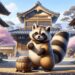 Tanuki, the Japanese raccoon dog, in a traditional Japanese village setting. This creature is shown as playful and mischievous, with fluffy fur and a characteristic belly drum. Engaging in a trick, the Tanuki is partially transformed into an object amidst the village, surrounded by classic wooden buildings and a sakura tree. This environment captures the essence of Japanese folklore, blending the Tanuki's shapeshifting, trickster nature with a charming historical backdrop.
