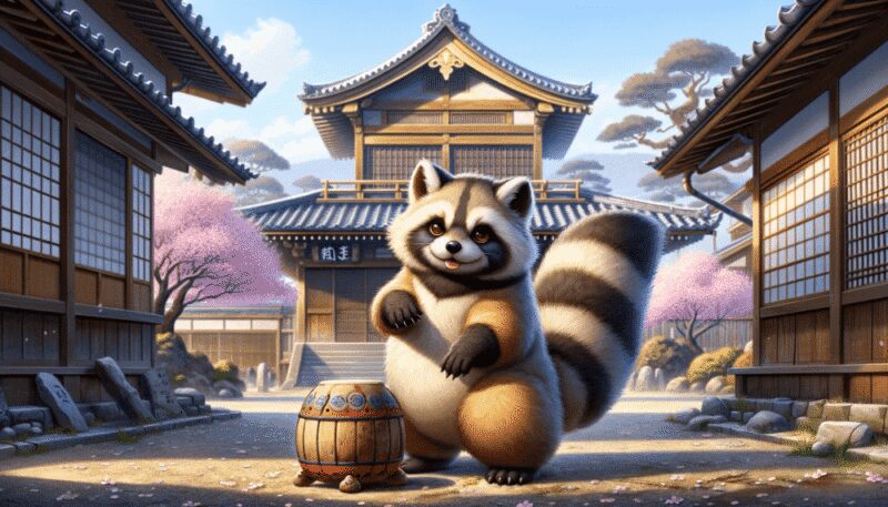 Tanuki, the Japanese raccoon dog, in a traditional Japanese village setting. This creature is shown as playful and mischievous, with fluffy fur and a characteristic belly drum. Engaging in a trick, the Tanuki is partially transformed into an object amidst the village, surrounded by classic wooden buildings and a sakura tree. This environment captures the essence of Japanese folklore, blending the Tanuki's shapeshifting, trickster nature with a charming historical backdrop.